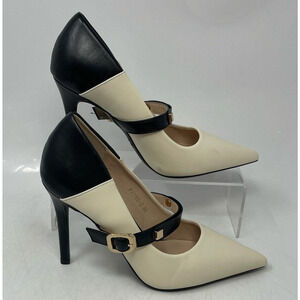 BIGTREE Women's Beige Black Leather Pointed Toe Stiletto Pump Heels Size 36/5